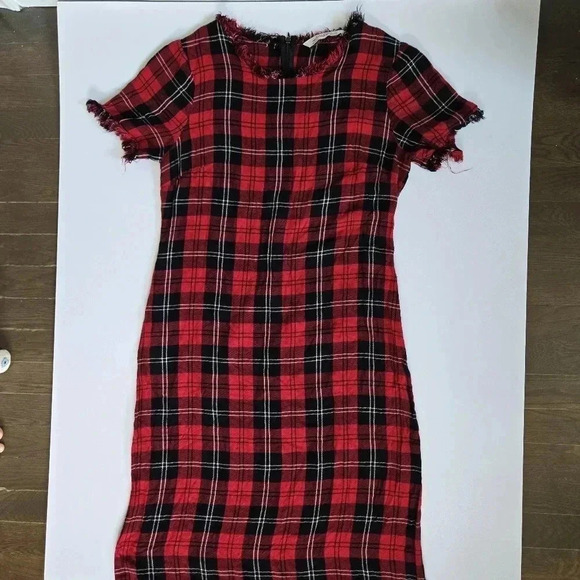 Zara black and red plaid distressed fringe punk holiday maxi dress sz M - Picture 4 of 9
